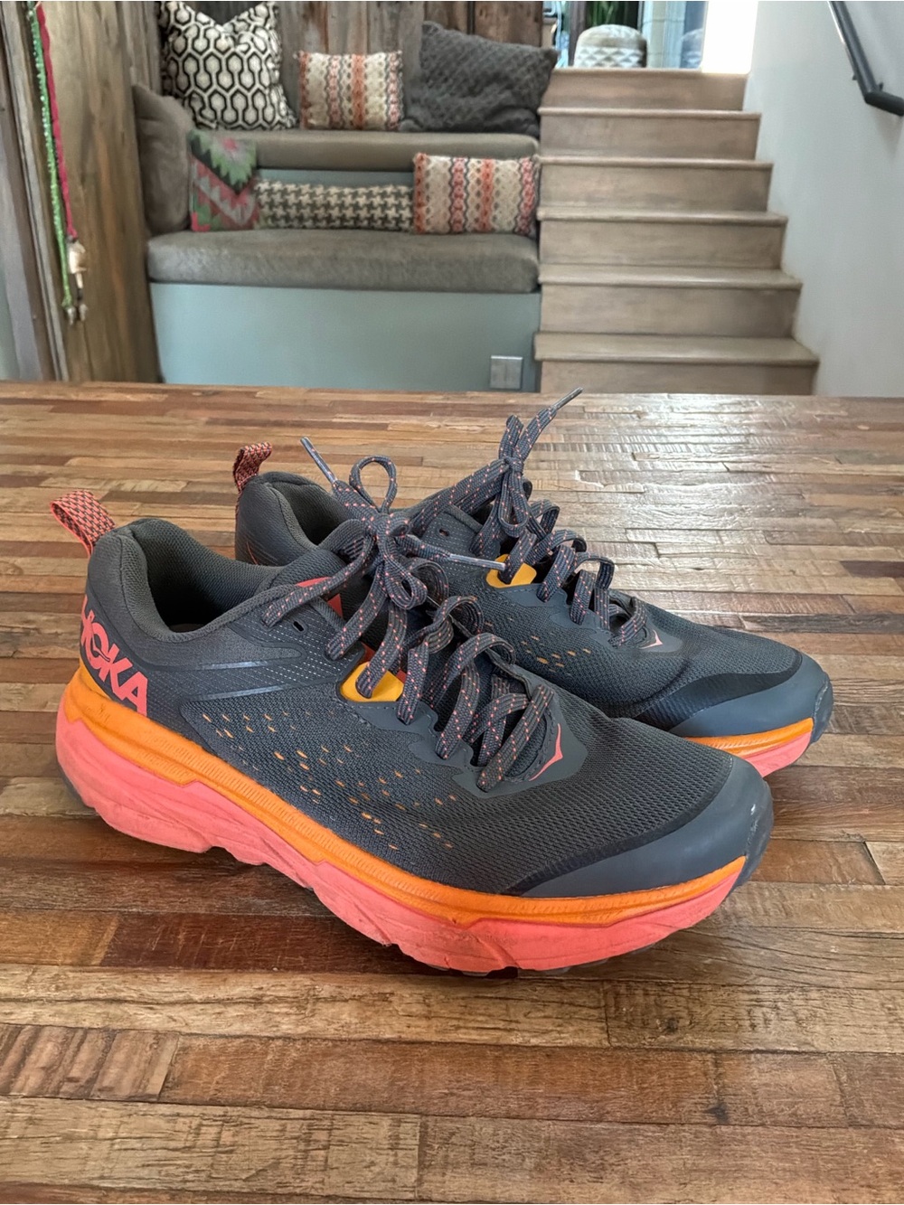 Hoka Men's Dark Gray with Orange and Coral Trail Runners